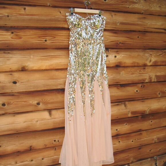 MAC DUGGAL 93959 Womens Gold Sleeveless Sequin Mesh Gown Dress Runs Small - Picture 6 of 12